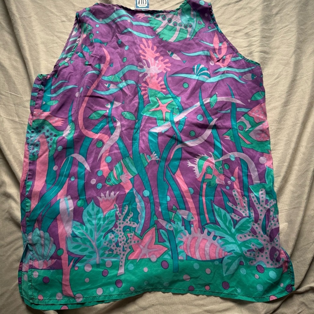 Vintage 80s Under the Sea Silk Tank Top Sensual Silk Caribbean Club XL 100% Silk - Picture 3 of 5